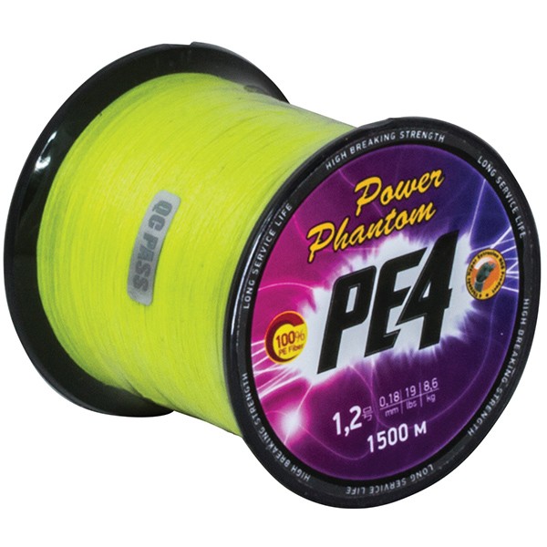 Шнур Power Phantom PE4, 1500м, флуоресцентный желтый  #1,2, 0,18 мм, 8,6 кг